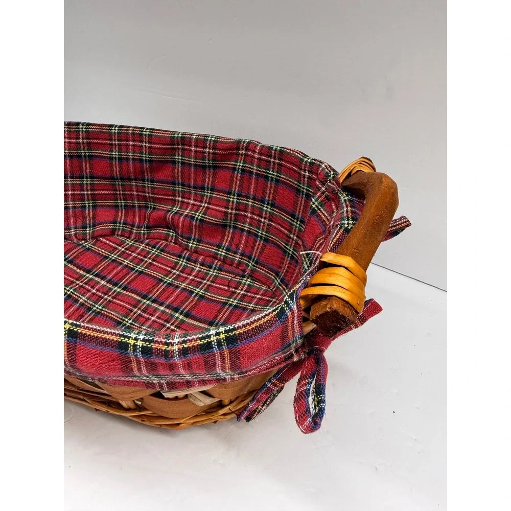 Vintage Wicker Bread Basket with Red Tartan Plaid Liner and Wooden Handles